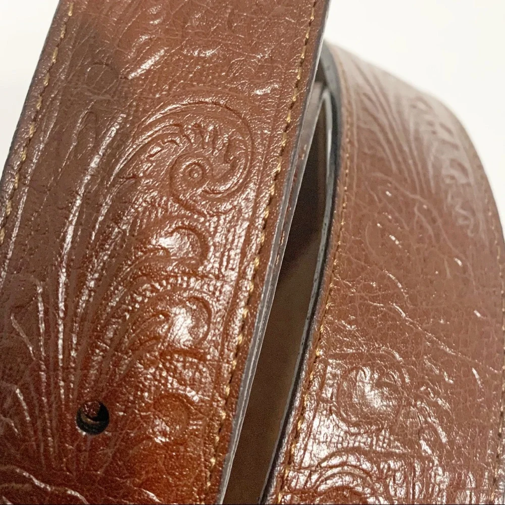 Arizona Filigree Emboss Leather Western Style Belt Silver Buckle Brown Size M 42